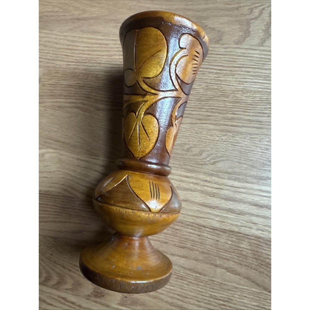 Hand Carved Wood Vase Floral‎  From Hawaii Or Caribbean 2-Toned Stain VTG 80s